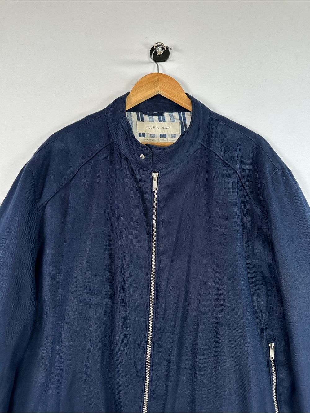 ZARA Men 100% Linen Navy Bomber Jacket Lightweight Size XXL